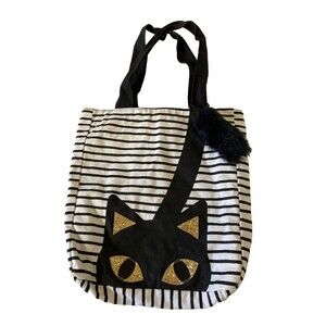 Cat & Jack Girl Black White Stripe Tote Bag Gold Halloween Attached Tail Cat
